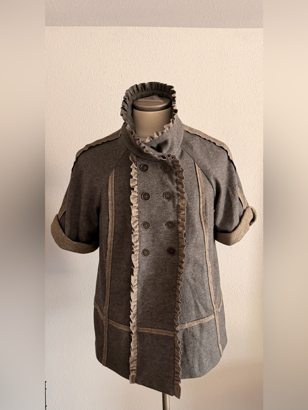 Pasametes Bohemian Gray Ruffle-Trim Double-Breasted Pea Wool Blend Coat Size 6